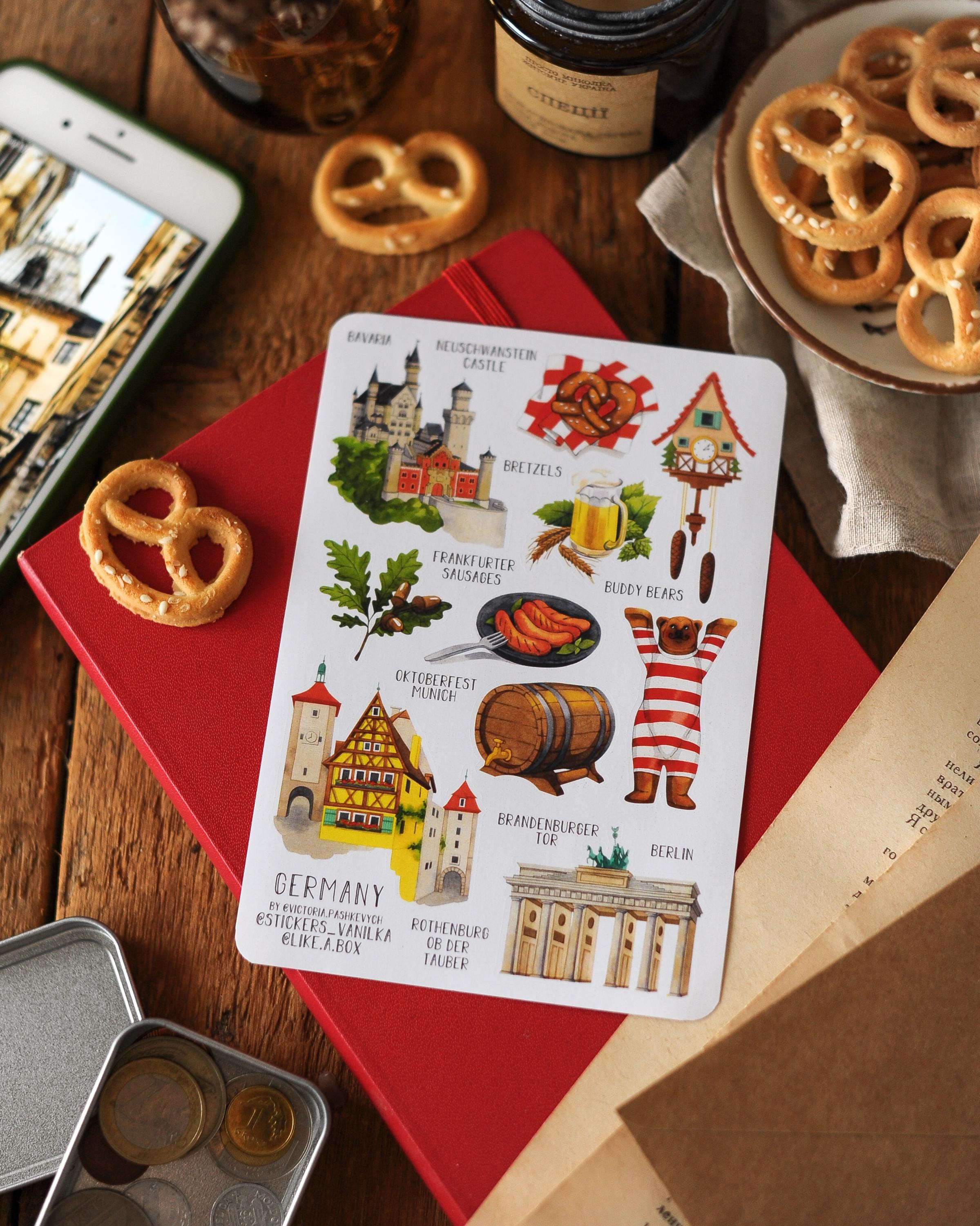 Germany Sticker Sheet: Travel Scrapbook Stickers - Beer, Bratwurst, Castle