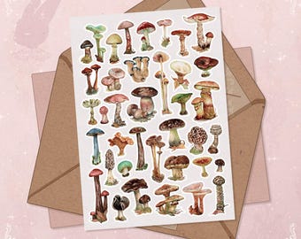 Mini-svampklistermärken Små svampkonstverk | A6-ark med akvarellklistermärken för Cottagecore-journaler och -planerare