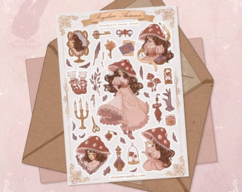 Royalcore Autumn Sticker Sheet: Mushroom Girl, Fly Agaric, Vintage Stationery