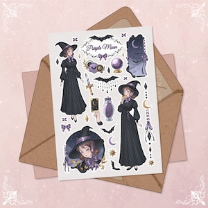 Lila Mond Sticker Blatt Hexe Halloween Sticker Hexe Gothic 31 Oktober Cover Sticker Mystisch Magie Künstler Aufkleber Halloween Journal