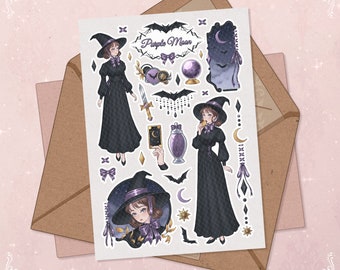 Hoja de pegatinas de brujería: pegatinas góticas de Halloween de luna morada