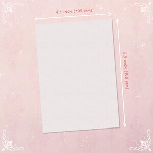 May include: A rectangular, off-white paper sheet, 4.1 inches (105 mm) wide and 5.9 inches (150 mm) long, is displayed against a soft pink background with decorative elements. The dimensions are clearly labeled with white text and arrows.