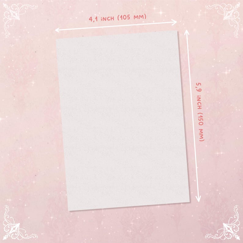 May include: A rectangular, off-white paper sheet, 4.1 inches (105 mm) wide and 5.9 inches (150 mm) long, is displayed against a soft pink background with decorative elements. The dimensions are clearly labeled with white text and arrows.