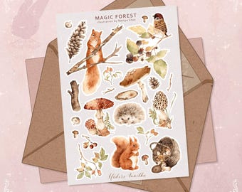 Watercolor Fall Sticker Sheet: Woodland Animals & Mushrooms