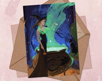 Rödhårig häxa Halloween-vykort • Gotiskt konsttryck