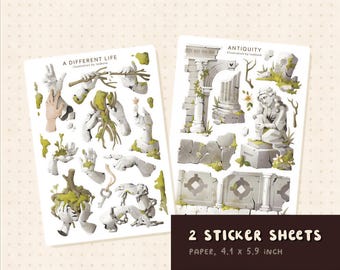 Hoja de pegatinas de la Antigüedad / Pegatinas de estatuas griegas de estilo Dark Academia, detalles en verde salvia para BuJo / Arte estético para diarios de Izobova Katerina