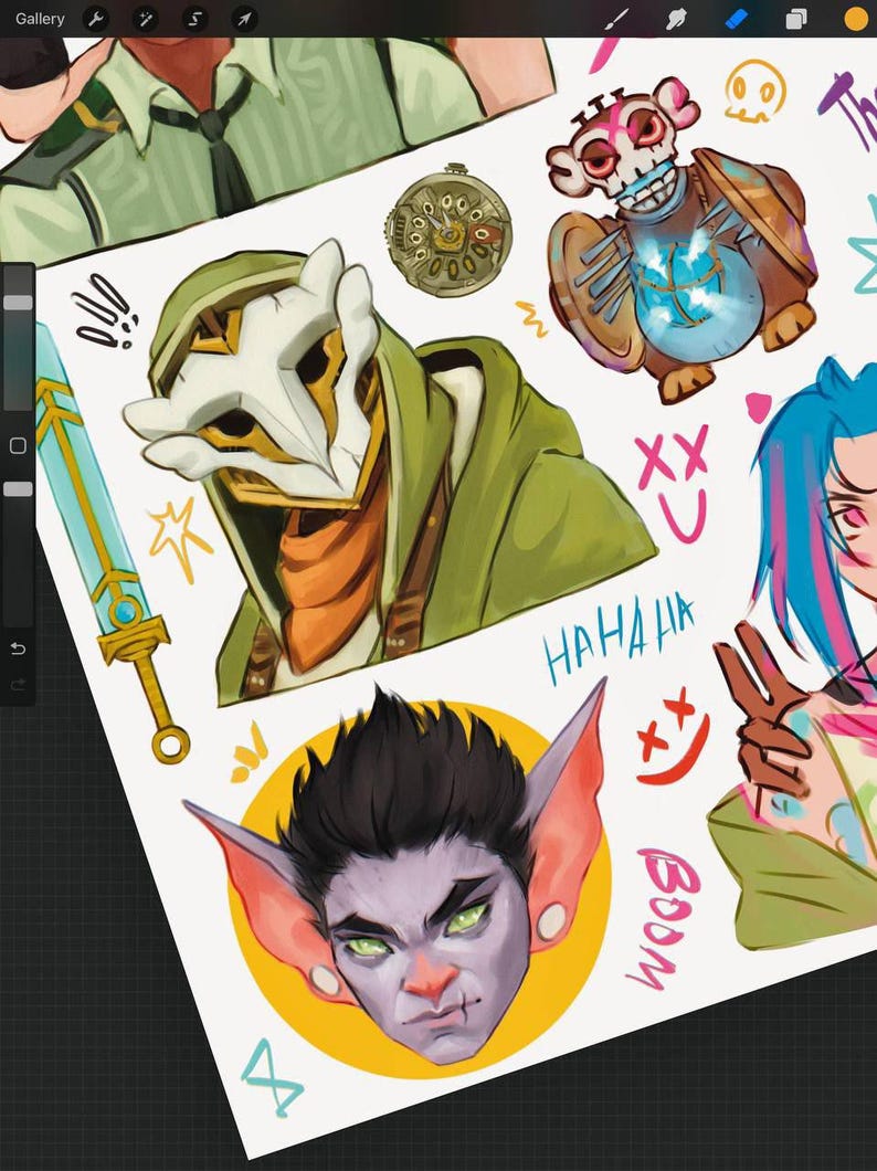 May include: A digital illustration sheet featuring various character designs, including a figure in a green hood and white mask, a creature with a glowing blue orb, a character with spiky dark hair and large ears, and a sword, with text reading HAHAHA and BOOM.