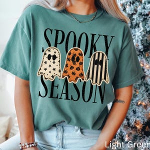 Retro lapptäcke med spöken i komfortfärger, spökskjorta med läskiga säsonger, pumpa-spöke-tröja för hösten, retro Halloween-tröja, ej äkta sydd tyg