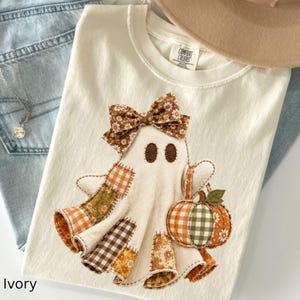 Faux Patchwork Ghost Comfort Colors Shirt, Coquette Halloween Ghost Tee, Cute Fall Pumpkin Ghost Tee, Spooky Season,Not Real Stitched Fabric