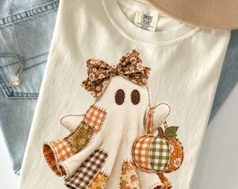 Faux Patchwork Ghost Comfort Colors Shirt, Coquette Halloween Ghost Tee, Cute Fall Pumpkin Ghost Tee, Spooky Season,Not Real Stitched Fabric