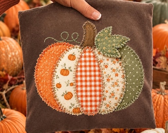 Patchwork Pumpkin Comfort Colors Shirt, Autumn Pumpkin Shirt, Thanksgiving October Gift, Tis the Season Fall Shirt, Not Real Stitched Fabric