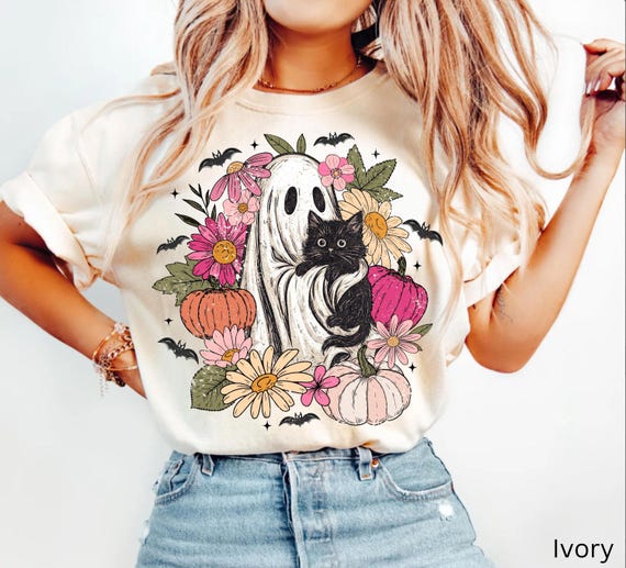 Retro Halloween Ghost Cat Shirt, Halloween Comfort Colors Shirt, Retro Spooky Floral Halloween Tee, Boho Floral Ghost Shirt, Black Cat Tee