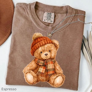 Fall Teddy Bear Comfort Colors Shirt, Teddy Bear Shirt, Cozy Fall Graphic Tee, Cozy Bear Shirt, Stuffed Bear With Scarf Tee,Teddy Bear Lover