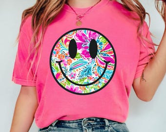 Comfort Colors Smiley Face Shirt, Summer Floral Retro Beach Vibes, Happy Face Shirt, Summer Floral Smile Shirt, Colorful Shirt, Beach Life