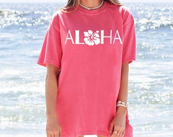 Comfort Colors Aloha Shirt, Aloha Hibiscus Floral T-Shirt, Aloha Beach Shirt, Summer T-shirt, Hawaii Summer Shirt, Oversized Beach Tee