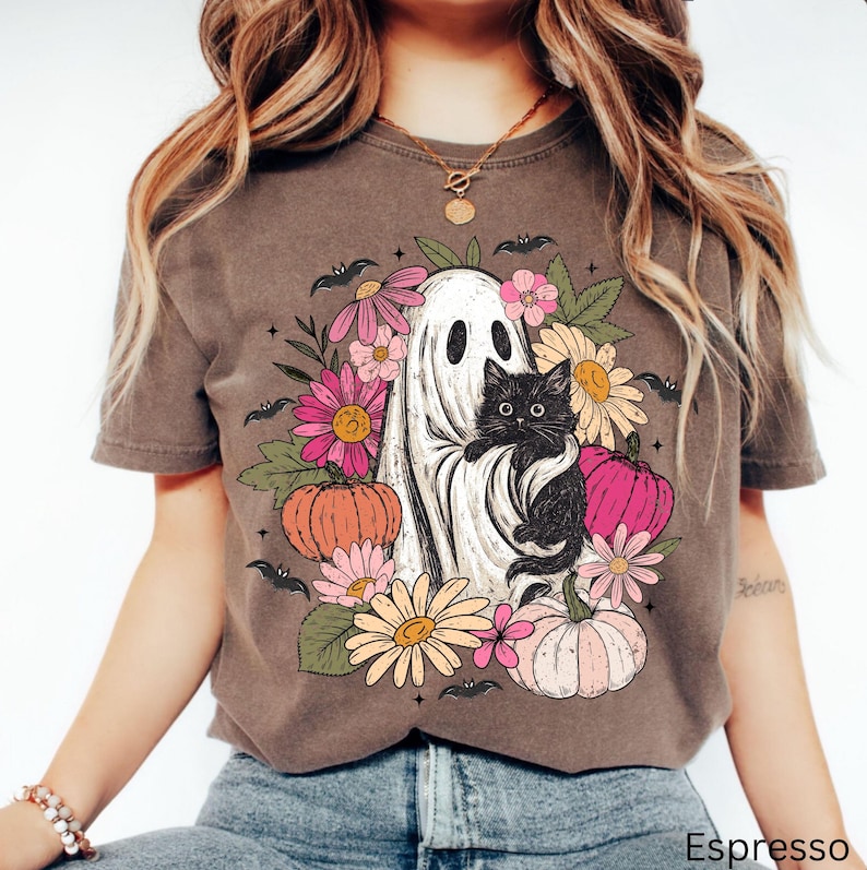 Retro Halloween Ghost Cat Shirt, Halloween Comfort Colors Shirt, Retro Spooky Floral Halloween Tee, Boho Floral Ghost Shirt, Black Cat Tee image 4