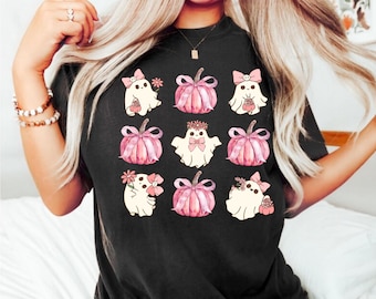 Chemise coquette rose avec noeud fantôme, automne rétro avec noeud citrouille, t-shirt d'Halloween rétro rose, t-shirt rose effrayant, t-shirt d'Halloween fantôme
