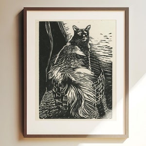 Black and White Cat Linocut Print | Original Handmade Art | Numbered and Signed Original Wall Art | Cat Fine Art | Gift for Cat Lover