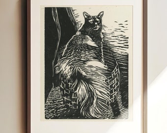 Melisande in de zon | Linosnede print kat | Gematteerde 9 x 11 kunst | Originele handgemaakte kunst