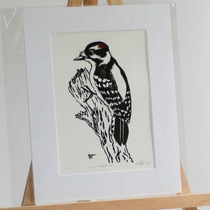 Downy Woodpecker Relief Print | Black & White Bird Lino Print | Hand-made Original Wall Art | Limited Edition Collectible Art