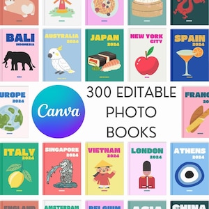 Puede incluir: Una colección de libros de fotos ilustrados con temas de países, como Bali, Australia, Japón y Nueva York. Cada portada de libro presenta un gráfico único y el año 2024. También se muestra el texto "300 EDITABLE PHOTO BOOKS".