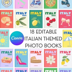 Könnte beinhalten: 18 editierbare Fotobuchcover mit italienischem Thema. Die Cover zeigen verschiedene italienische Symbole wie Zitronen, Olivenzweige, Pizza und einen Vespa-Roller. Der Text "ITALY 2024" erscheint auf jedem Cover.