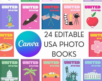 Szablon fotoksiążki z podróży po USA: 24 strony do edycji (Canva, A4)