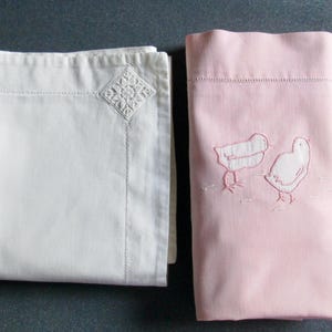 Vintage Small French Pillowcases: 1940s Pink Chicks Appliqué, White Openwork Embroidery