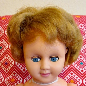 Vintage 1950s GeGe Doll: Bisque Torso, Vinyl Head, Blue Eyes