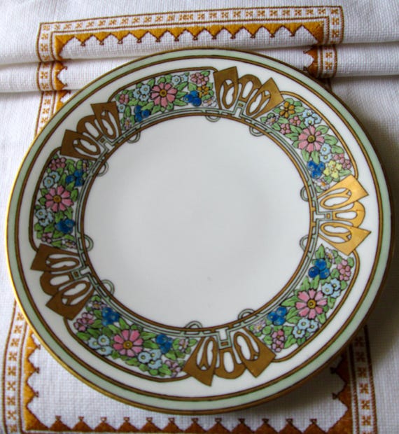 Antique Art Deco Limoges Plate, Hand Painted Floral Gilded Accents