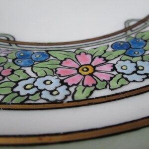 May include: Close-up of a white ceramic plate rim with a floral design. The design features pink, blue, and yellow flowers with green leaves, outlined in black and brown. The plate has a gold-colored border.