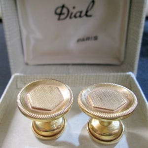 Vintage DIAL Paris Gold Plated Hexagonal Cufflinks, original box,Etched Design, 1940s Style