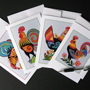 Coq Cartes de vœux, Ensemble de quatre, Coloré