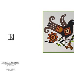 May include: A stylized black bird with brown, orange, and red geometric patterns perches on a branch with green leaves and flowers. The background is a light gray. The text "Seen in the Southwest" is at the bottom of the image.