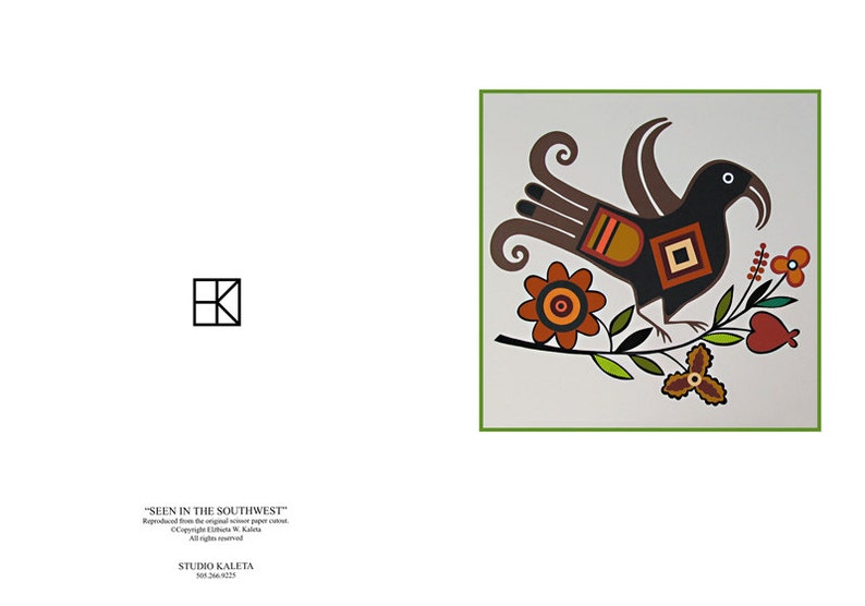 May include: A stylized black bird with brown, orange, and red geometric patterns perches on a branch with green leaves and flowers. The background is a light gray. The text "Seen in the Southwest" is at the bottom of the image.