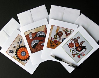 May include: Five blank greeting cards with envelopes, featuring different illustrated designs. The designs include a stylized bird with geometric patterns, a floral motif, and a sun with geometric patterns.