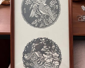 Vintage Chinese Paper Cut Art – Birds & Flowers – Handmade Framed Folk Art – Dated 1982