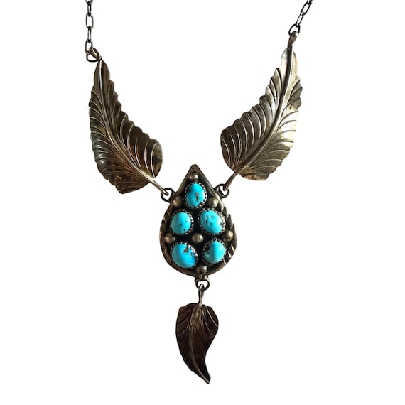 Vintage Navajo Sterling Silver Turquoise Feather Necklace 21