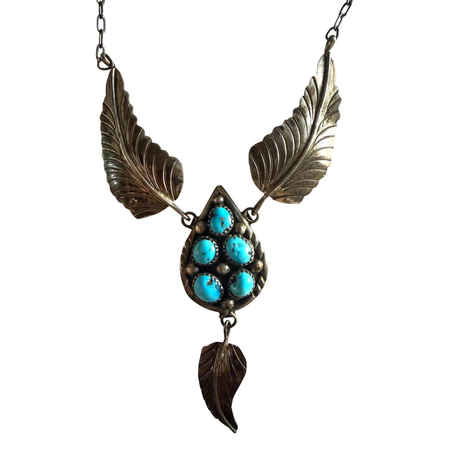 Vintage Navajo Sterling Silver Turquoise Feather Necklace 21
