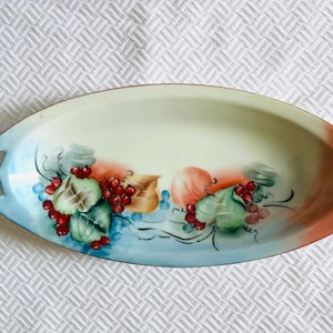 Antique Prov Saxe E.S. Germany Hand Painted Fruit Dish Oval Porcelain Bowl