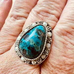 Israeli Sterling Silver Ring with Eilat Stone & Real Pearls | Vintage Adjustable Statement Ring Size 9 | Marked Israel 925 A2