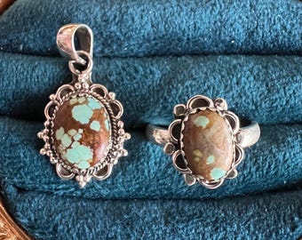 Sterling Boulder Turquoise Pendant & Ring Set Boho Southwest Size 7 925 Native Style