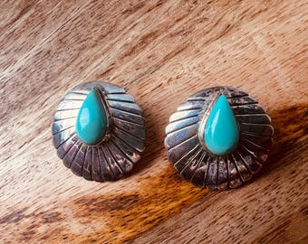 Vintage Navajo Sterling Silver Turquoise Concho Earrings, Signed R.King TCA