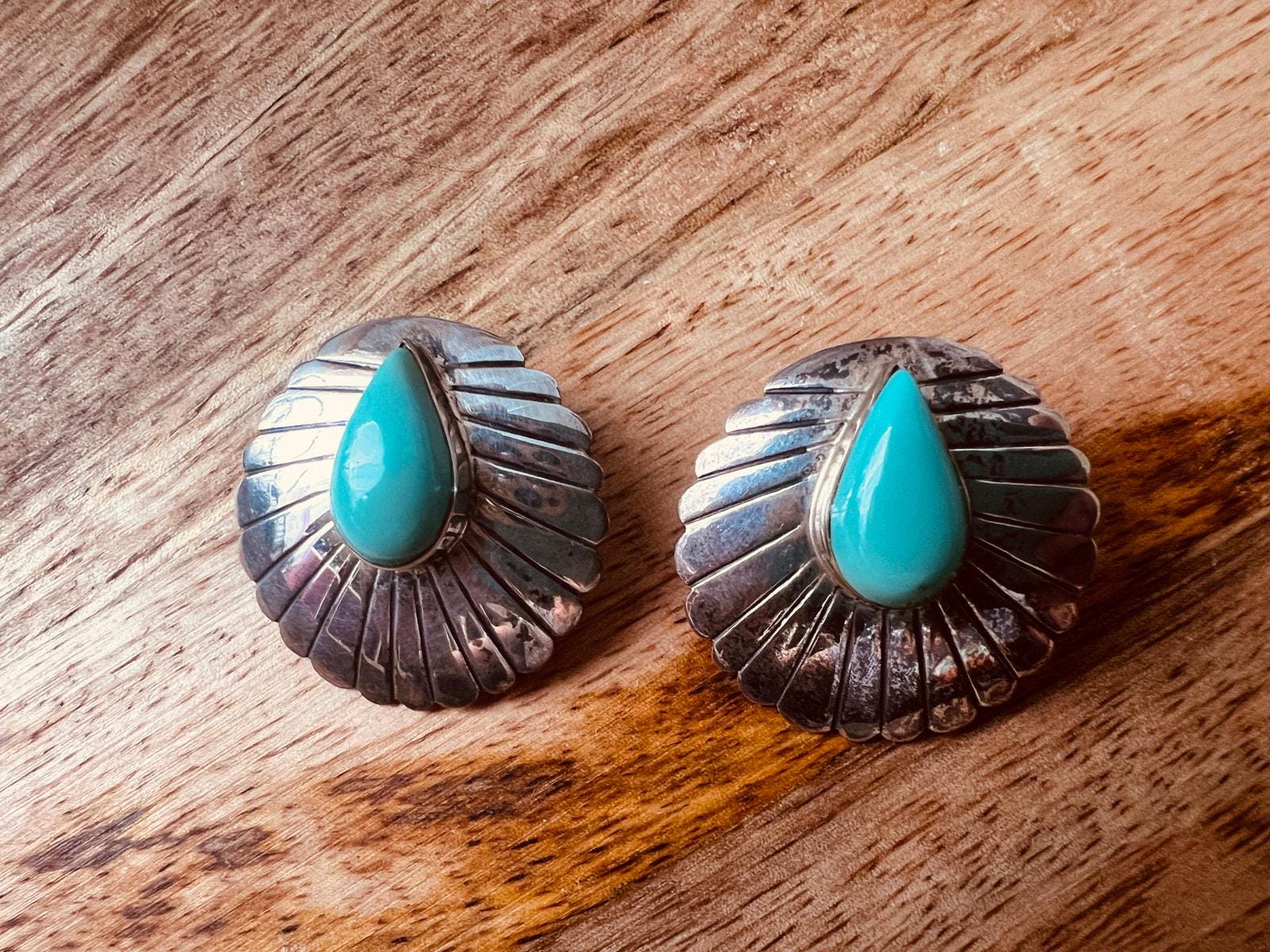アクセサリー Navajo Turquoise Concho Earring Vintage Navajo 925 Sterling Silver Green Blue Turquoise Concho