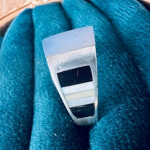 Vintage Sterling Silver R 925 Ring Sz 5 – Blue Chalcedony Obsidian MOP Inlay – Geometric Zuni Style Southwest Jewelry Boho