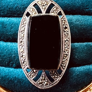 Vintage Sterling Silver Ring Size 5.5 – 11g Black Onyx & Marcasite – Art Deco Statement Cocktail Ring – Marked STERLING