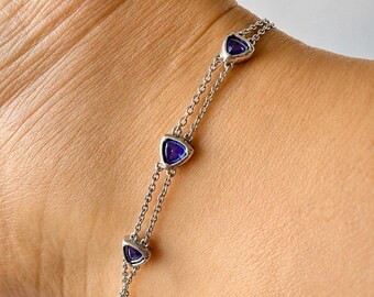 Sterling Silber Tansanit Station Armband Fußkettchen einstellbar signiert SK 925