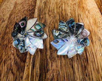 Aretes vintage ICM México de abulón de plata de ley 925 con cierre de rosca, estilo floral Taxco