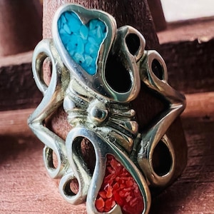 Sterling Silver 925 Inlaid Turquoise and Red Coral \