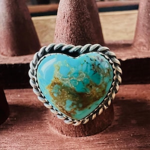 Vintage Navajo Sterling Silver Royston Turquoise Adjustable Ring | Signed Dixon | Heart Statement Ring Size 6-8” Southwest Jewelry